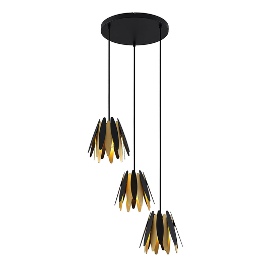 Lucande Lounit -riippuvalo, musta-kulta, 3-lamp.